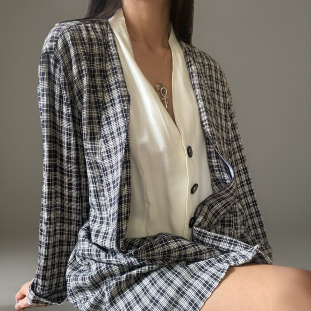 Vintage Perceptions By Irene B Rayon Blend Plaid Layered Cardigan